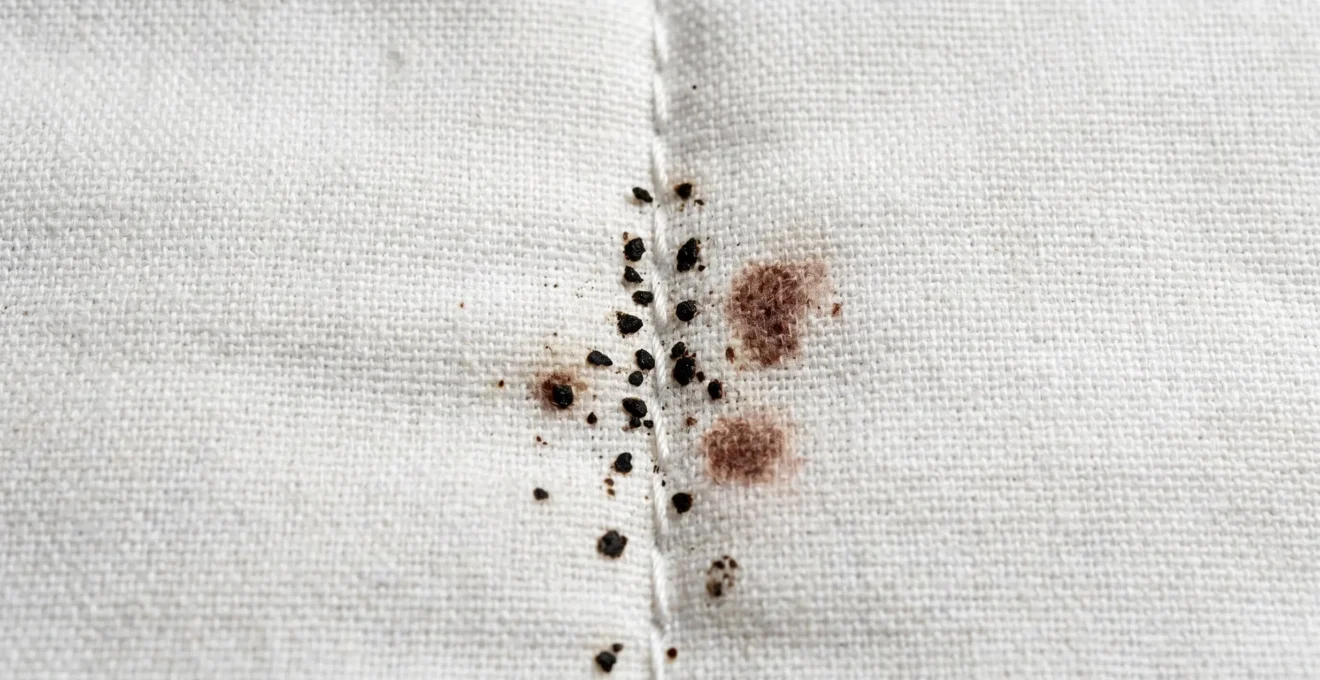 Gros plan macro sur une couture de matelas blanc montrant plusieurs petites taches noires (excréments de punaises) et traces brunâtres de sang séché