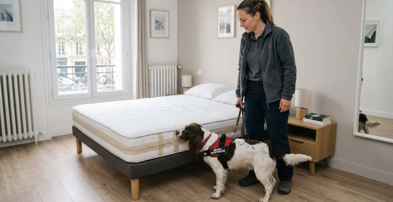 Maître-chien professionnelle debout à côté d'un chien détecteur (beagle) reniflant méthodiquement les coutures d'un matelas dans une chambre contemporaine française en lumière naturelle