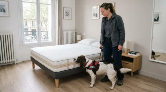 Maître-chien professionnelle debout à côté d'un chien détecteur (beagle) reniflant méthodiquement les coutures d'un matelas dans une chambre contemporaine française en lumière naturelle