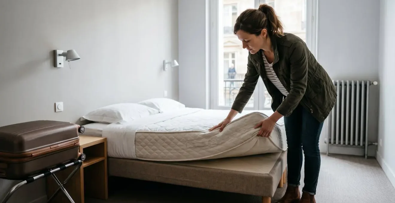 Voyageur debout dans une chambre d'hôtel française, soulevant un coin de matelas pour inspecter le sommier, valise posée sur porte-bagages à l'écart
